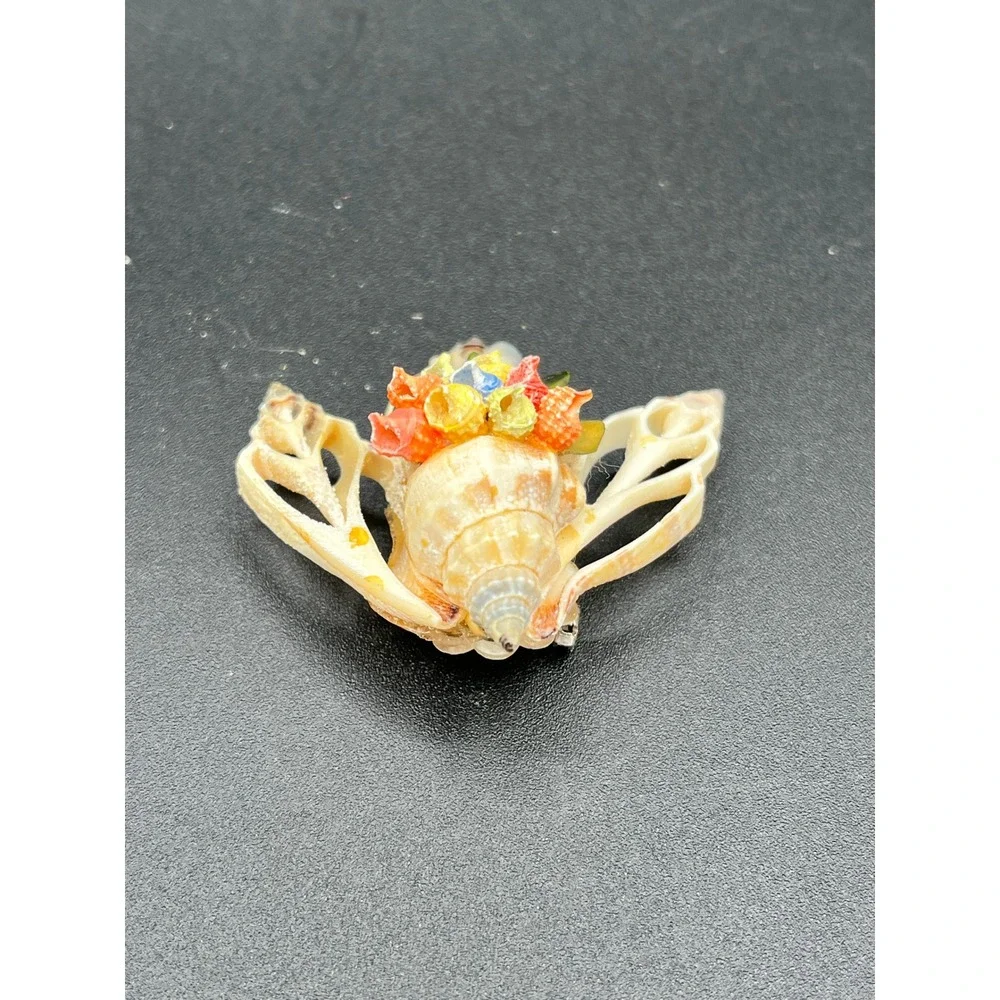 Vintage Seashell Flower Basket Brooch Pin - Coastal Cottagecore Style Beautiful!